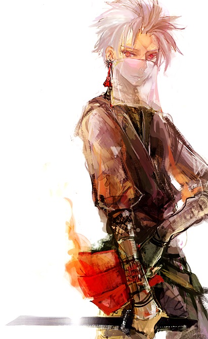 mimic (artist), suimin, edward geraldine, ninja (final fantasy), final fantasy, final fantasy iv, 1990s (style), 1boy, half mask, male focus, mask, ninja, red eyes, retro artstyle, solo, sword, vest, weapon, white background, white hair