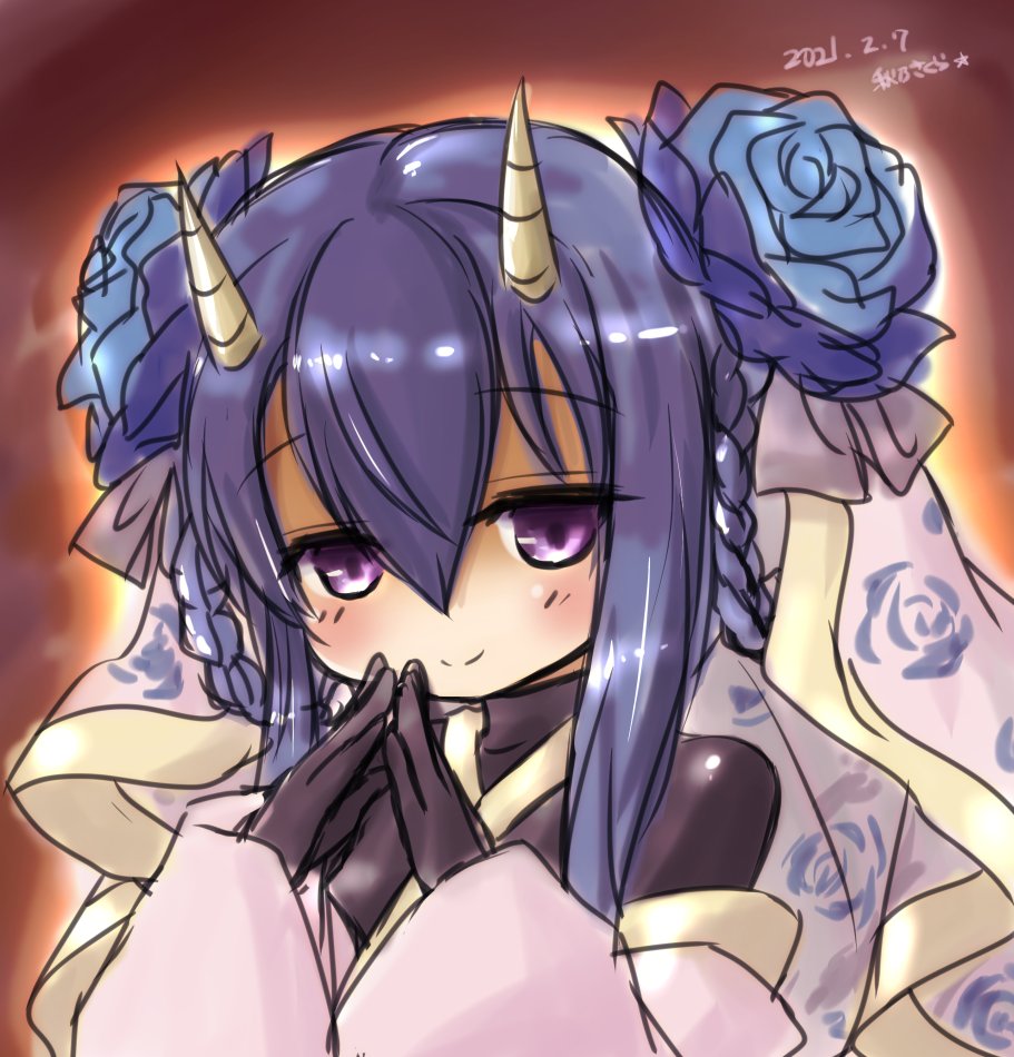 akino sakura, emil chronicle online, 1girl, artist name, bodysuit, brown background, dated, detached sleeves, flower, hair flower, hair ornament, hair rings, horns, izanami (eco), pink sleeves, pink veil, purple eyes, smile, solo, upper body, veil