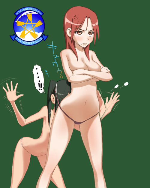 wata do chinkuru, francesca lucchini, minna-dietlinde wilcke, strike witches, world witches series, 00s, 2girls, black hair, breasts, multiple girls, panties, red eyes, red hair, underwear