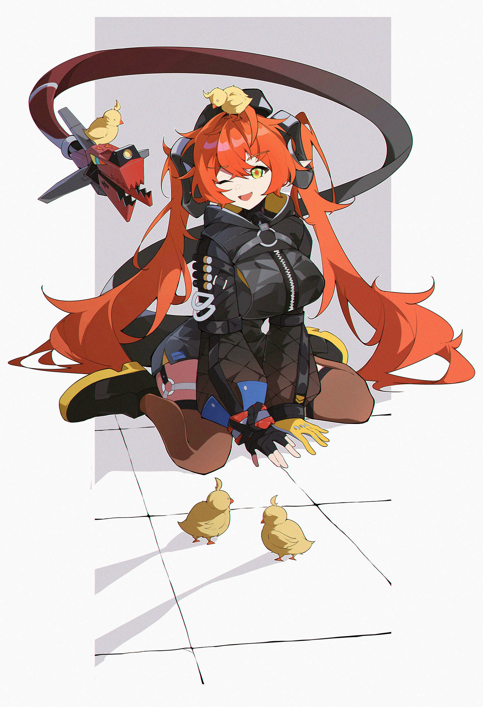 postalworks, magus (zenless zone zero), orphie magnusson, zenless zone zero, highres, 1girl, 1other, ammunition, animal, animal on head, asymmetrical gloves, baby animal, bird, black hat, black horns, black shoes, black shrug, chick, dragon girl, dragon horns, dress, fingerless gloves, gloves, green eyes, gun, hands on floor, hat, horns, mechanical horns, mechanical tail, messy hair, mismatched gloves, on floor, on head, one eye closed, open mouth, orange hair, orange pupils, shoes, shrug (clothing), single fingerless glove, sitting, smile, tail, thigh strap, thighhighs, wariza, weapon, yellow gloves, zipper dress
