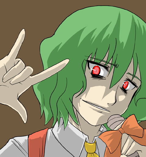 kujira lorant, kazami yuuka, macross, macross frontier, touhou, 1girl, ascot, bow, brown background, female focus, green hair, m/, microphone, parody, red eyes, seikan hikou, short hair, solo, vest