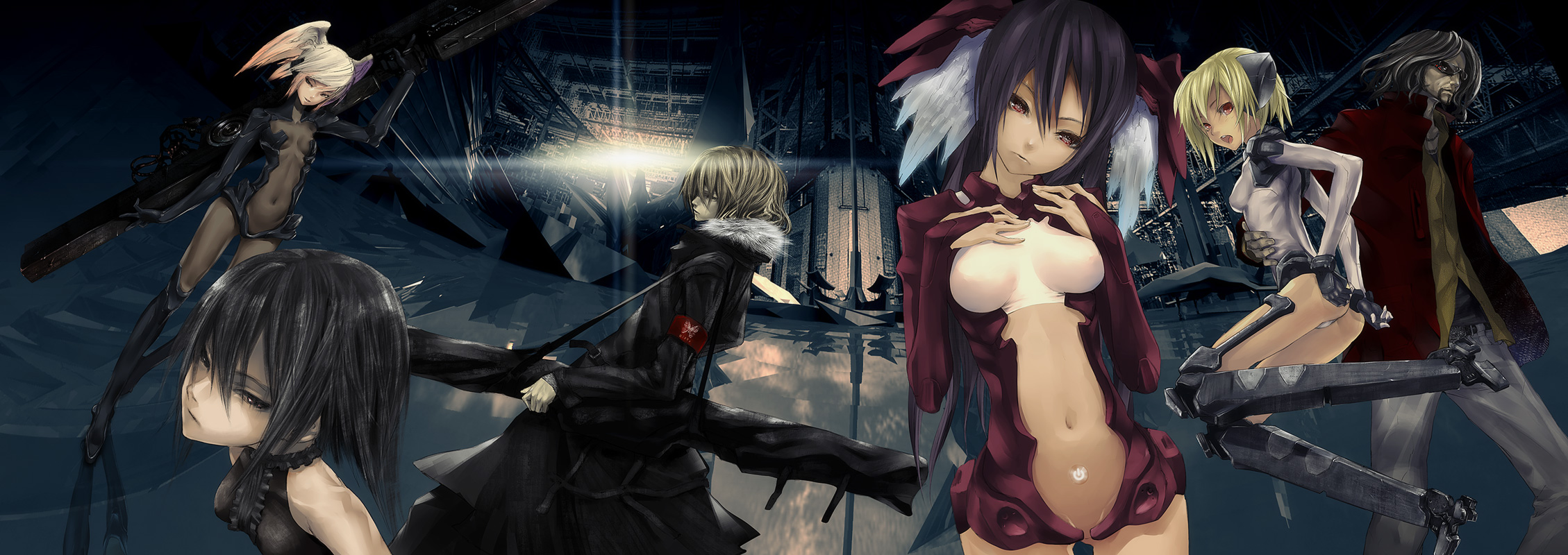 redjuice, original, highres, long image, wide image, 2boys, 4girls, ass, black hair, blonde hair, bodysuit, breasts, flat chest, head wings, huge weapon, midriff, multiple boys, multiple girls, navel, short hair, weapon, white hair, wings