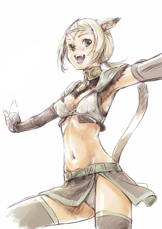 branch (blackrabbits), mithra (ff11), final fantasy, final fantasy xi, bad id, bad pixiv id, 00s, 1girl, animal ears, blonde hair, circlet, fang, fangs, female focus, flat chest, short hair, solo, tail, thighhighs