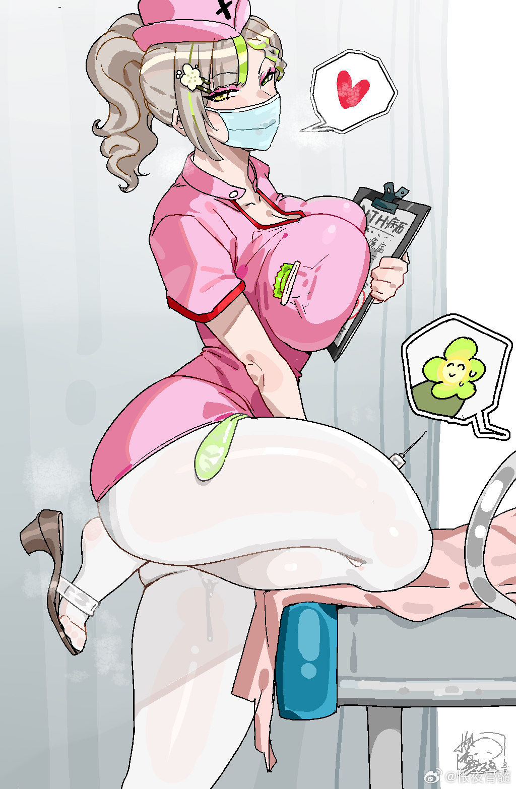 kuook, mingqian nailyu, indie virtual youtuber, highres, 1girl, ass, blush, breasts, brown hair, cleavage, clipboard, condom, dress, eyeshadow, hat, heart, large breasts, leg up, looking at viewer, makeup, mask, mouth mask, multicolored hair, nurse, nurse cap, pantyhose, pink dress, pink eyeshadow, ponytail, pussy juice, sandals, see-through clothes, see-through legwear, shiny skin, short sleeves, skindentation, solo, spoken heart, standing, standing on one leg, steam, syringe, thick thighs, thighs, used condom, white pantyhose, wide hips