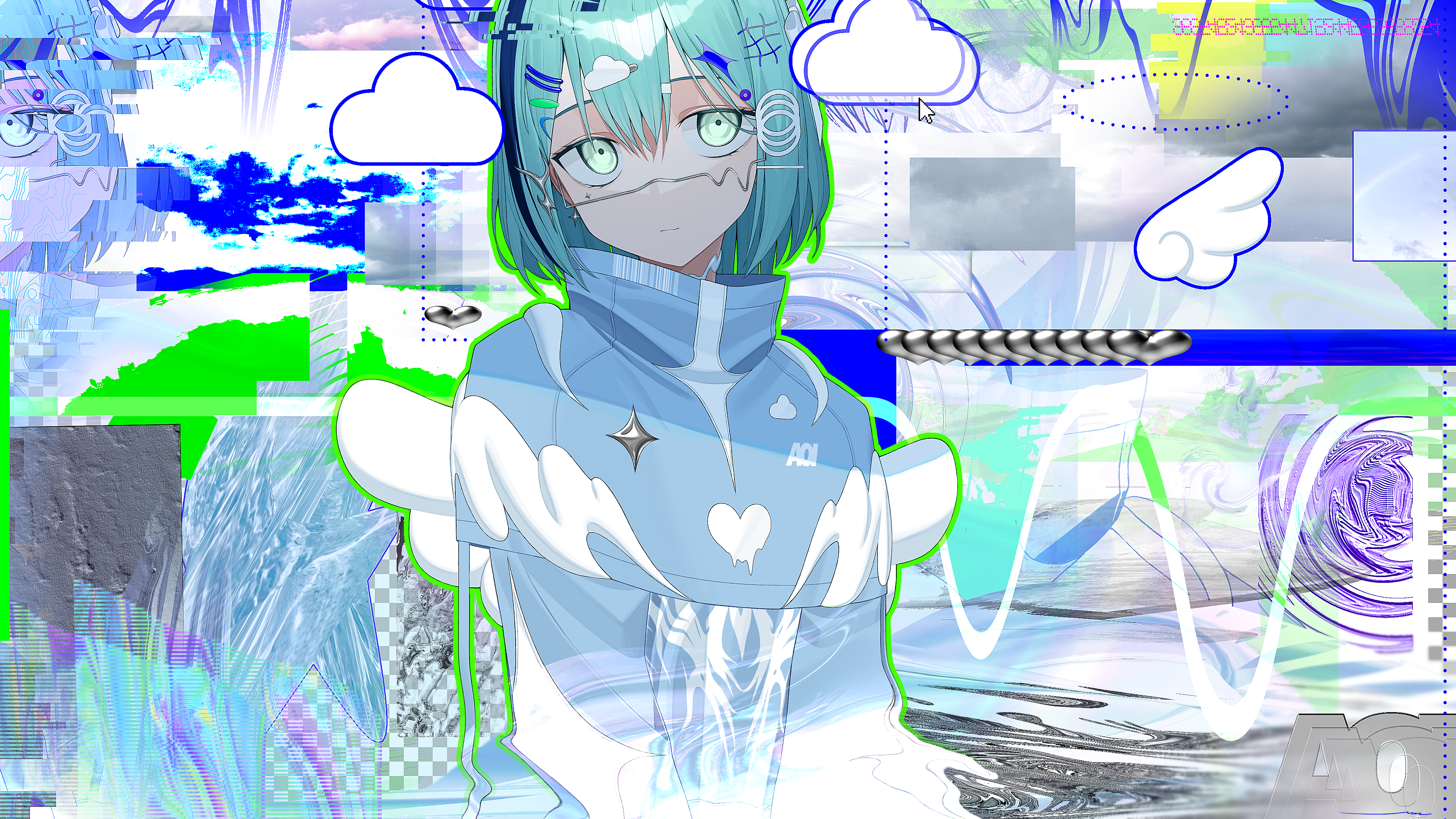 signal 1120, original, absurdres, commentary, commission, english commentary, highres, skeb commission, 1girl, aqua hair, cloud, cursor, hair between eyes, heart, short hair, solo