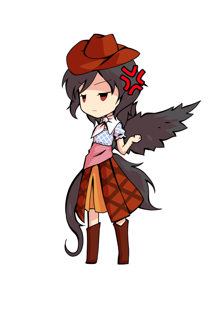 dairi, kurokoma saki, touhou, commentary request, large variant set, variant set, 1girl, bare shoulders, black hair, blue dress, blue sleeves, boots, brown boots, brown dress, brown hat, chibi, chibi only, cowboy hat, dress, full body, hair between eyes, hand up, hat, horse tail, long hair, multicolored dress, scarf, short sleeves, solo, tachi-e, tail, transparent background, white scarf, wings