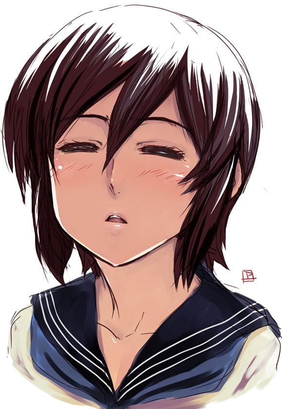 weshika, mikamo chizuko, nijuu-mensou no musume, bad id, bad pixiv id, 00s, blush, brown hair, closed eyes, portrait, short hair, solo, upper body