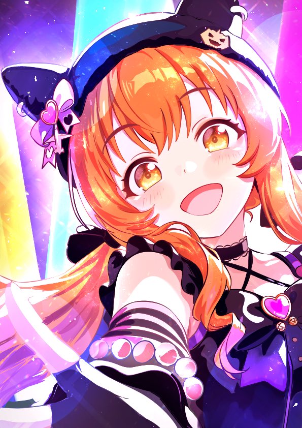 kanon (user rrhr4244), mayano top gun (rockin' mewmeow) (umamusume), mayano top gun (umamusume), umamusume, 1girl, animal ears, bead bracelet, beads, black choker, black hat, blush, bow, bracelet, breasts, choker, criss-cross halter, ear covers, fingerless gloves, gloves, halterneck, hat, heart, horse ears, horse girl, jewelry, long hair, looking at viewer, low twintails, official alternate costume, official alternate hairstyle, open mouth, orange eyes, orange hair, outstretched arm, purple arm warmers, reaching, reaching towards viewer, smile, solo, striped arm warmers, striped sleeves, twintails