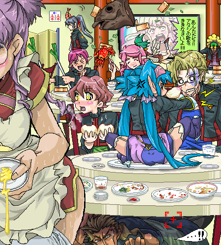 kisou nowora, macross, macross frontier, lowres, 00s, 4girls, 5boys, apron, everyone, multiple boys, multiple girls, oekaki, restaurant, waitress