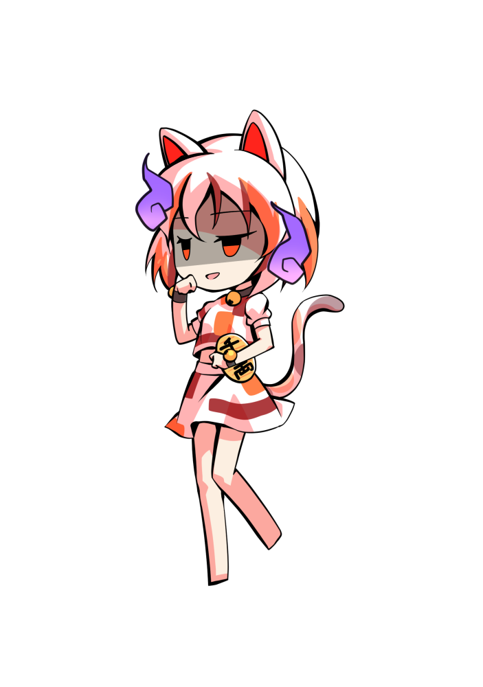 dairi, goutokuji mike, touhou, commentary request, large variant set, variant set, 1girl, animal ears, barefoot, bell, cat ears, cat girl, cat tail, chibi, chibi only, coin, full body, gold, jingle bell, koban (gold), multicolored hair, multicolored shirt, multicolored skirt, neck bell, shirt, short hair, short sleeves, skirt, skirt set, solo, standing, standing on one leg, streaked hair, tachi-e, tail, transparent background, white hair, white shirt