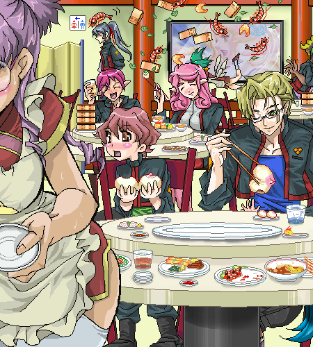 kisou nowora, macross, macross frontier, lowres, 00s, 4girls, 5boys, apron, everyone, multiple boys, multiple girls, oekaki, restaurant, waitress