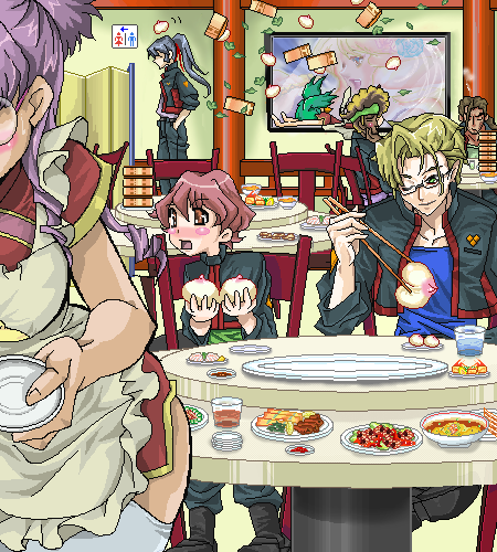 kisou nowora, macross, macross frontier, lowres, 00s, 4girls, 5boys, apron, everyone, multiple boys, multiple girls, oekaki, restaurant, waitress