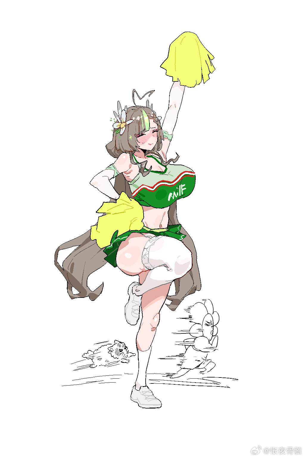 kuook, mingqian nailyu, indie virtual youtuber, highres, 1girl, ahoge, arm up, armpits, bare shoulders, blush, breasts, brown hair, cheering, cheerleader, cleavage, closed eyes, closed mouth, elbow gloves, eyeshadow, full body, gloves, green skirt, hair ornament, makeup, miniskirt, multicolored hair, navel, pom pom (cheerleading), purple eyeshadow, shoes, simple background, single thighhigh, skirt, smile, sneakers, socks, solo focus, standing, standing on one leg, sweat, thick thighs, thighhighs, thighs, twintails, white socks, white thighhighs, wide hips