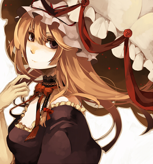 riku (artist), riku (wana), yakumo yukari, touhou, bad id, bad pixiv id, 1girl, breasts, brown eyes, brown hair, dress, female focus, gloves, long hair, ribbon, simple background, solo, umbrella