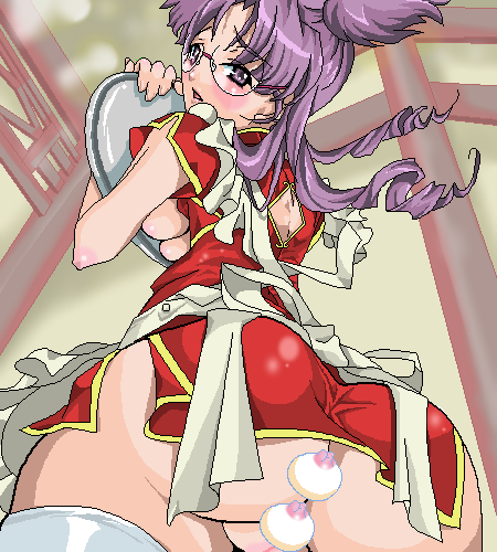 kisou nowora, matsuura nanase, macross, macross frontier, lowres, 00s, 1girl, apron, ass, blush, breast press, breasts, china dress, chinese clothes, curvy, dress, drill hair, female focus, food, from below, glasses, large breasts, looking back, no panties, oekaki, purple hair, pussy, solo, steamed bun, thighhighs, uncensored, underboob, upskirt