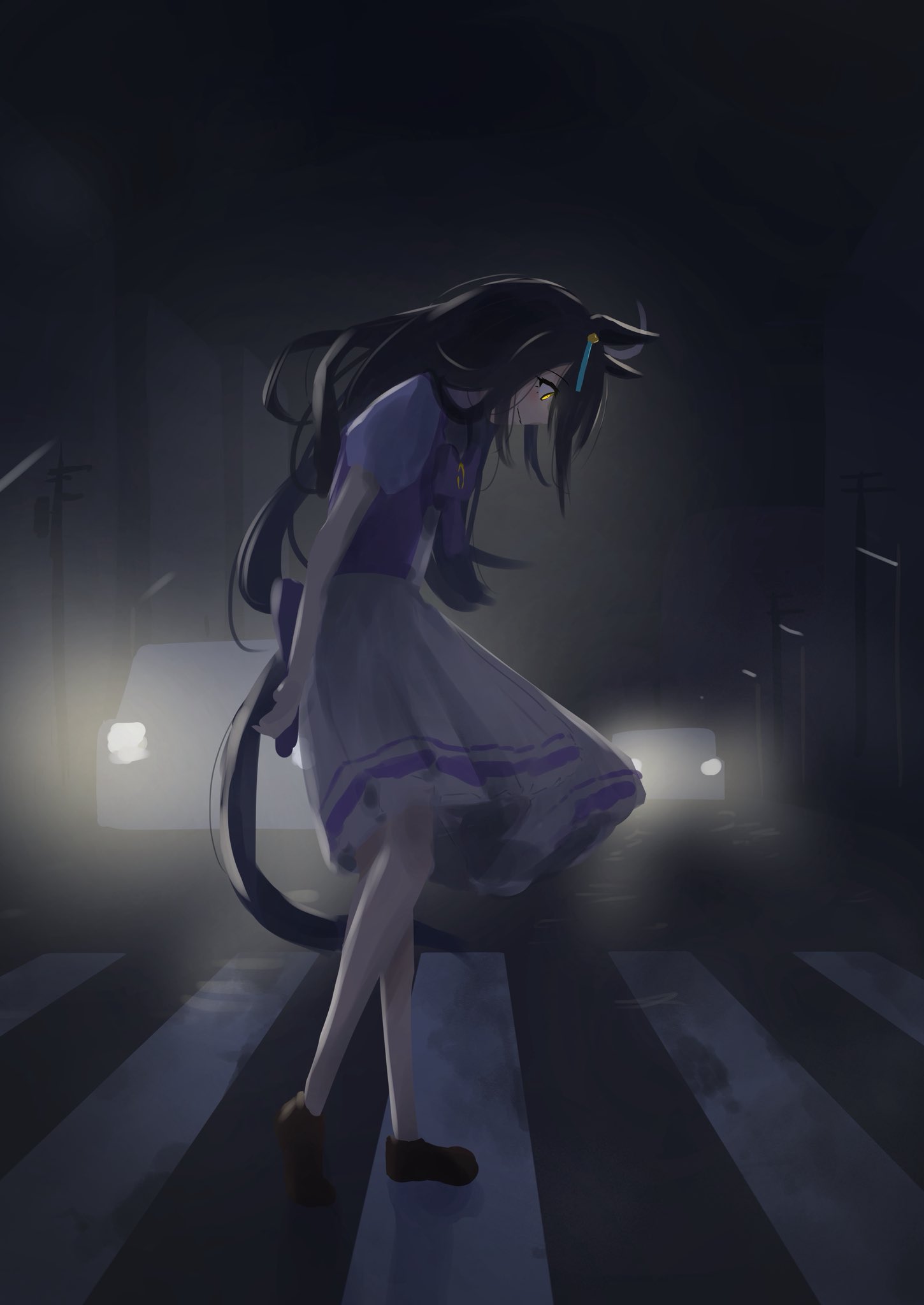light (light 65536), manhattan cafe (umamusume), umamusume, highres, 1girl, ahoge, animal ears, black hair, bow, bowtie, car, crosswalk, ear ornament, ear tag, earrings, hair tubes, horse ears, horse girl, horse tail, jewelry, lamppost, long bangs, long hair, looking down, motor vehicle, multicolored hair, night, outdoors, purple bow, purple bowtie, purple shirt, purple trim, shirt, single earring, skirt, solo, standing, tail, utility pole, very long hair, waist bow, walking, white hair, white skirt, yellow eyes