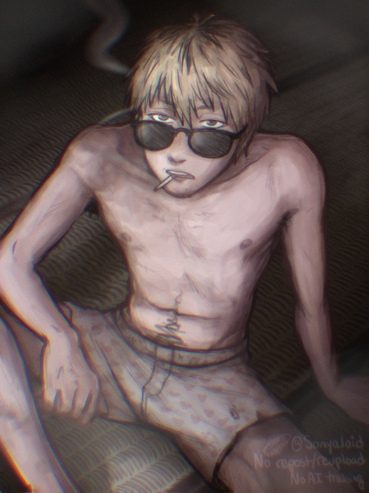 tanaka (hikaru ga shinda natsu), hikaru ga shinda natsu, commentary, english commentary, highres, 1boy, arm rest, armpit hair, blonde hair, brown eyes, cigarette, collarbone, heart, heart print, male focus, male underwear, mouth hold, navel hair, nipples, on floor, short hair, sitting, skinny, smoking, solo, sonyaloid, sunglasses, teeth, topless male, twitter username, underwear, underwear only, upper teeth only