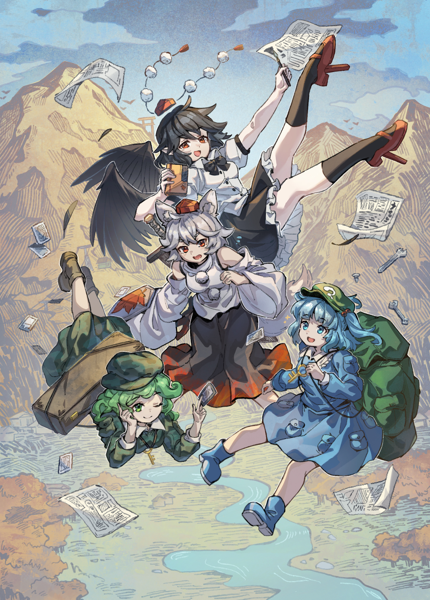 shishui guima, inubashiri momiji, kawashiro nitori, shameimaru aya, yamashiro takane, touhou, highres, 4girls, animal ears, black bow, black hair, black skirt, black socks, black wings, blue shirt, blue skirt, bow, detached sleeves, feathered wings, geta, green bag, green hair, green hat, green shirt, green skirt, grey hair, hat, midair, mountain, multiple girls, notebook, pen, red eyes, shirt, skirt, socks, tengu-geta, tokin hat, white shirt, wings, wolf ears