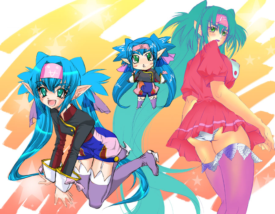 kisou nowora, klan klein, macross, macross frontier, purple footwear, 00s, 1girl, blue hair, boots, dress, green eyes, long hair, panties, thighhighs, underwear, very long hair