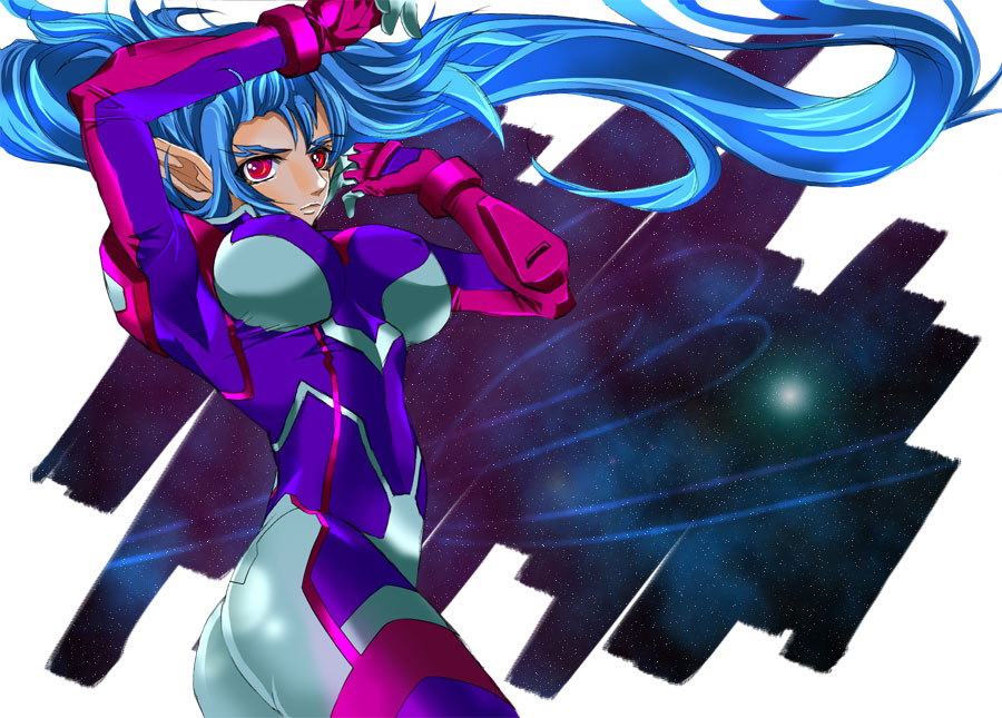 kisou nowora, klan klein, macross, macross frontier, pilot suit, 00s, 1girl, blue hair, bodysuit, breasts, covered erect nipples, female focus, gloves, large breasts, long hair, pointy ears, purple bodysuit, red eyes, shiny clothes, skin tight, solo, tan, very long hair