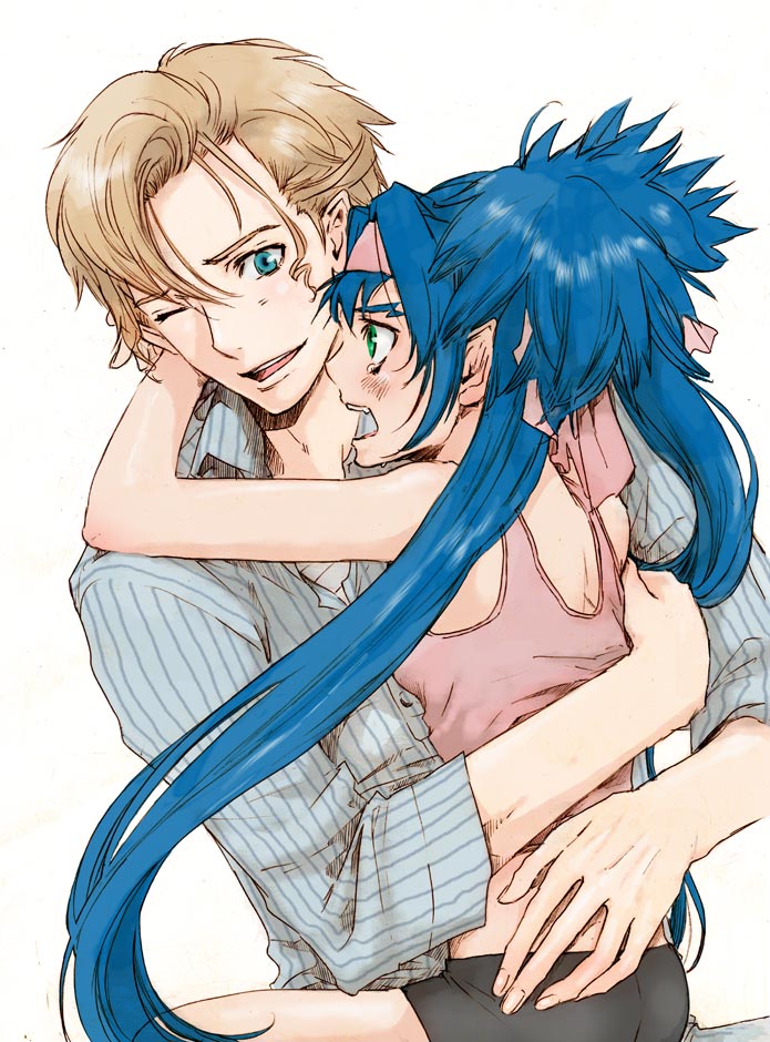 saitou, klan klein, mikhail buran, macross, macross frontier, 00s, 1boy, 1girl, blonde hair, blue eyes, blue hair, couple, good end, green eyes, hetero, hug, long hair, one eye closed, shorts, spandex, tank top, very long hair, wink