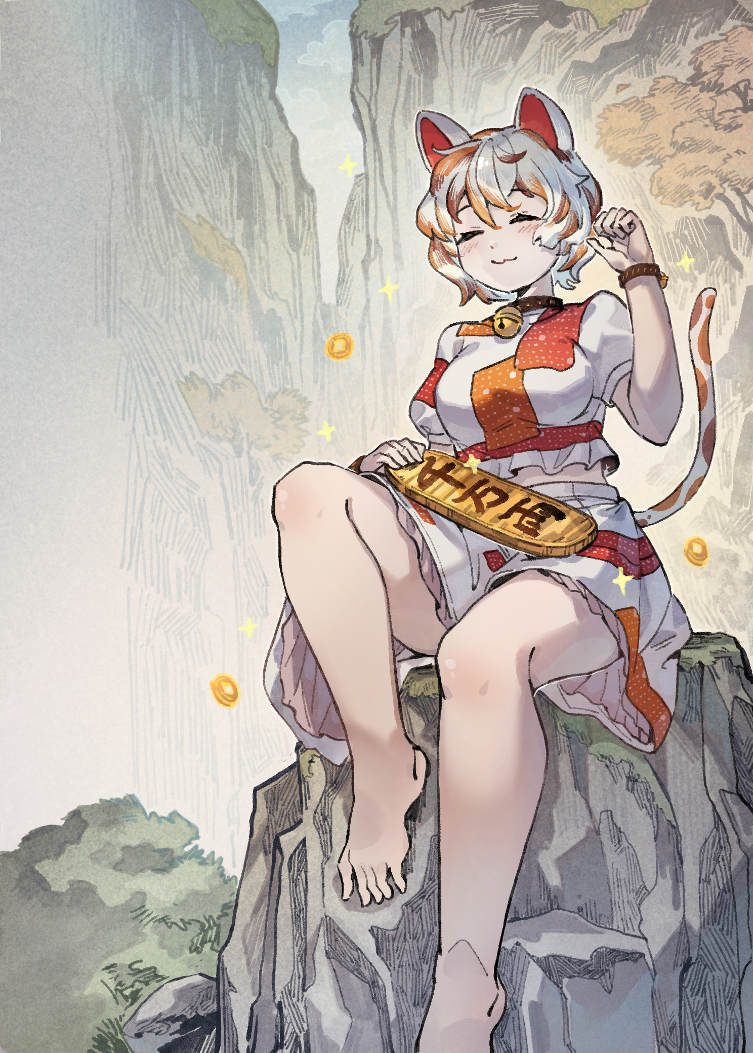 shishui guima, goutokuji mike, touhou, highres, animal ears, barefoot, breasts, brown hair, cat ears, cat girl, coin, maneki-neko, medium breasts, multicolored hair, on rock, outdoors, patchwork clothes, shirt, short hair, sitting, smile, streaked hair, white hair, white shirt