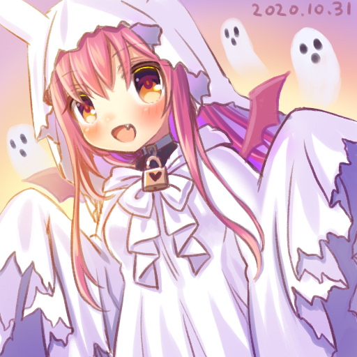 mitama nanai, emil chronicle online, 1girl, alternate costume, fang, ghost, ghost costume, halloween, halloween costume, open mouth, pink hair, pink wings, red eyes, ruki aiuchi, sheet ghost, wings