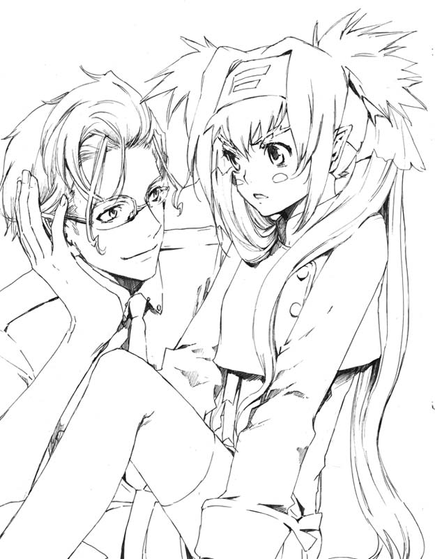 saitou, klan klein, mikhail buran, macross, macross frontier, 1boy, 1girl, bad anatomy, blush, closed mouth, glasses, greyscale, hair intakes, headband, monochrome, parody, rimless eyewear, simple background, smirk, upper body, white background