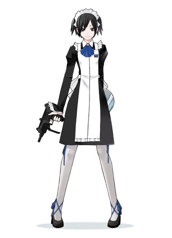 yasuda suzuhito, aaliyah, maid machinegun, machine pistol, 1girl, apron, black eyes, black hair, black shoes, bow, combat maid, dress, female focus, gun, hairband, high heels, maid, maid apron, mini uzi, pantyhose, shoes, solo, submachine gun, tray, uzi, weapon