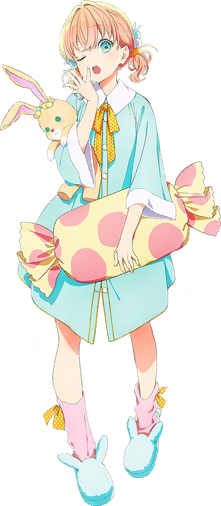 hinoshita kaho, hinoshita kaho (birthday present), link! like! love live!, love live!, game cg, non-web source, official art, 1girl, animal slippers, aqua eyes, blue dress, blue slippers, dress, full body, fur-trimmed dress, fur trim, hair ornament, looking at viewer, low twintails, official alternate costume, one eye closed, open mouth, orange hair, pink socks, rabbit hair ornament, short twintails, simple background, slippers, socks, solo, standing, stuffed animal, stuffed rabbit, stuffed toy, three-quarter sleeves, transparent background, twintails, virtual youtuber