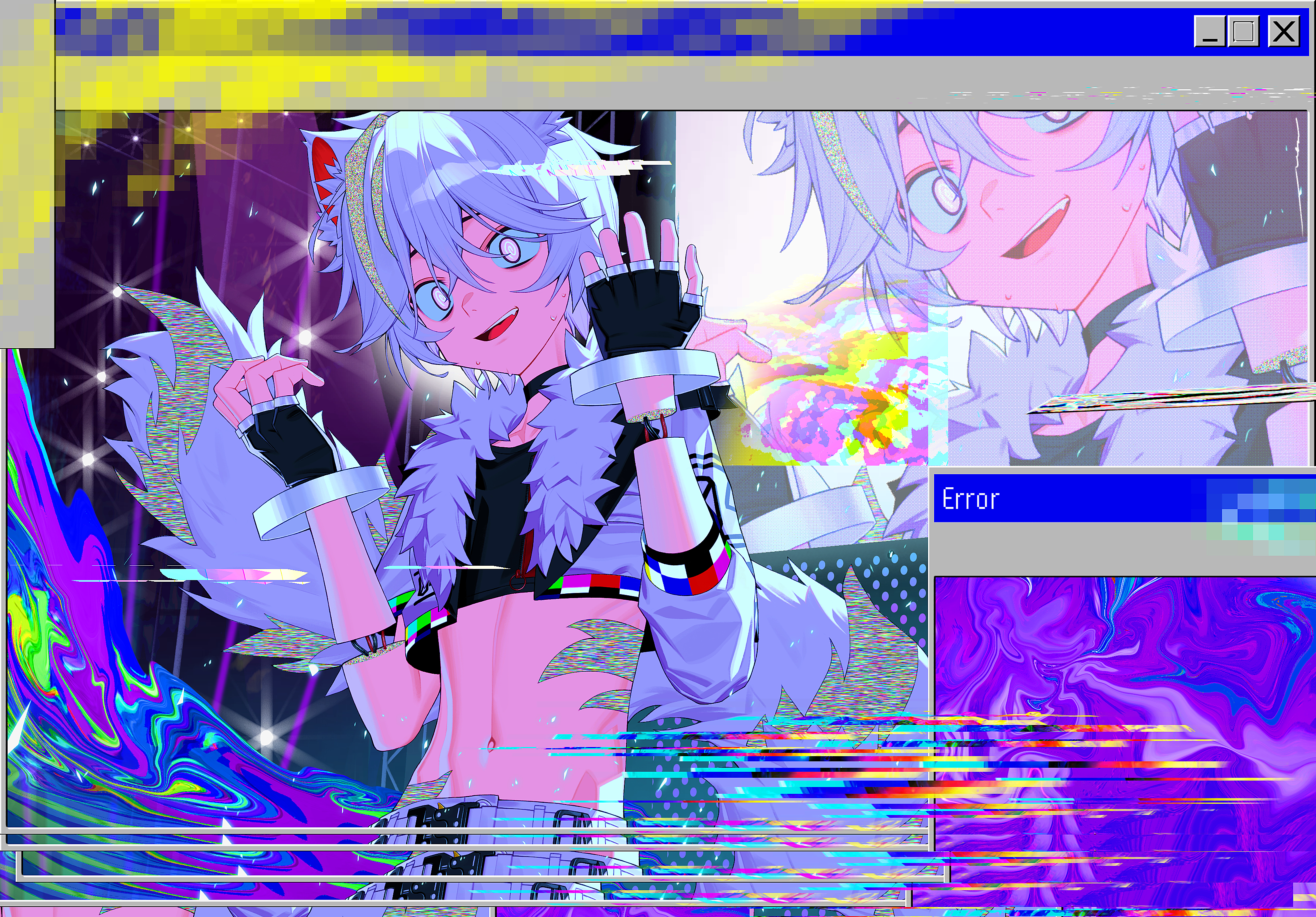 signal 1120, original, absurdres, commentary, commission, english commentary, highres, skeb commission, 1boy, animal ears, error message, fingerless gloves, gloves, midriff, navel, solo, tail, white fur
