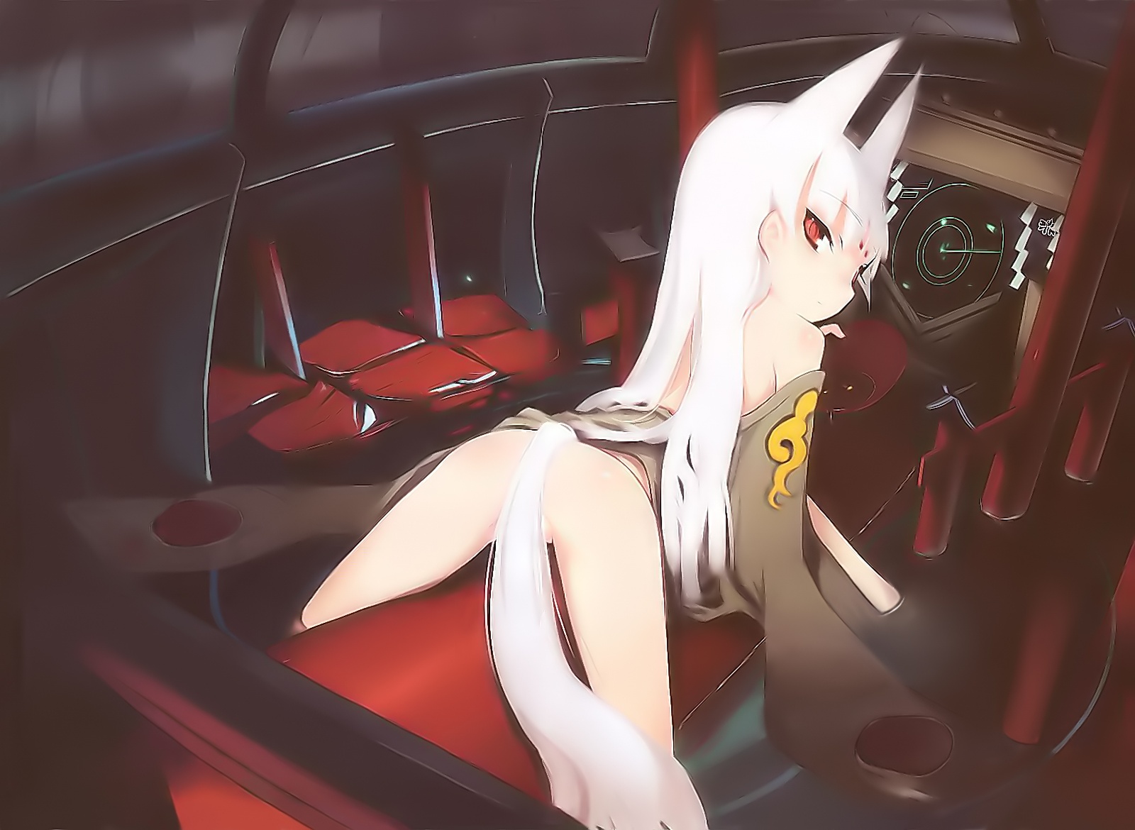 shimada fumikane, strike witches, world witches series, highres, 00s, 1girl, albino, all fours, animal ears, ass, bottomless, female focus, mecha, partially visible vulva, red eyes, robot, solo, tail, white hair
