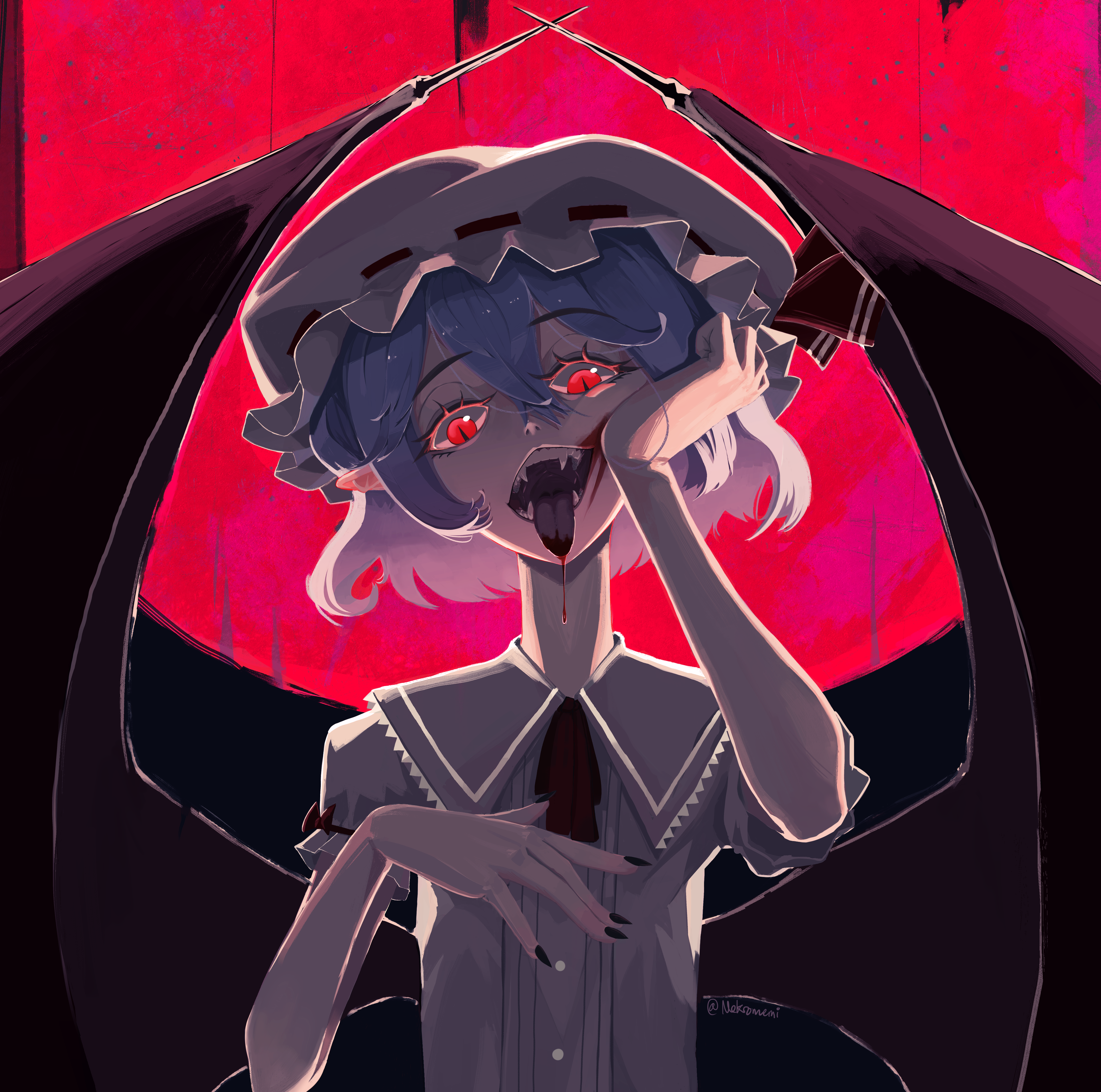 traghetto, remilia scarlet, touhou, absurdres, highres, 1girl, artist name, ascot, bat wings, blood, blood drip, blood on face, blood on tongue, fangs, frilled hat, frilled shirt collar, frilled sleeves, frills, hair between eyes, hand on own face, hand up, hat, mob cap, open mouth, pink shirt, pointy ears, puffy short sleeves, puffy sleeves, purple hair, red ascot, red background, red eyes, shirt, short hair, short sleeves, slit pupils, solo, tongue, tongue out, twitter username, white hat, wings