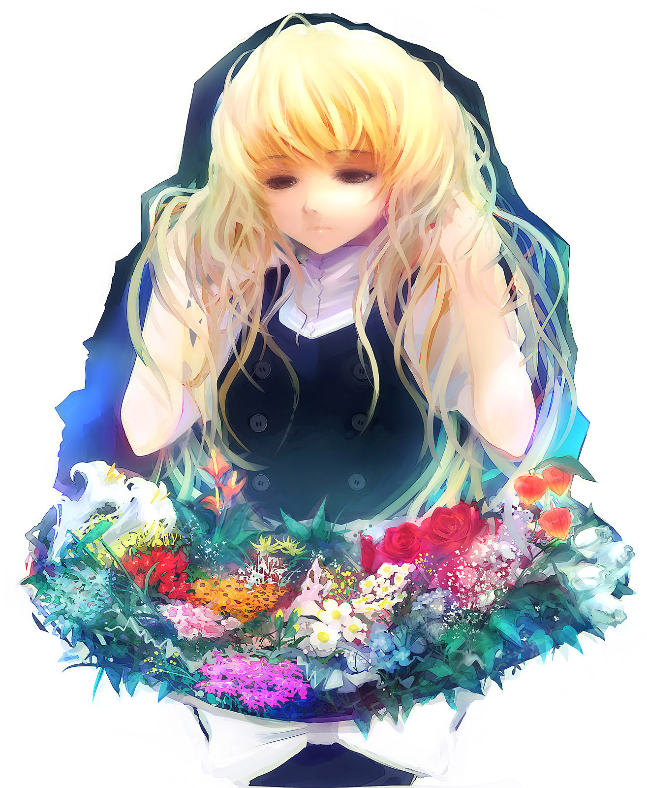 takashima, kirisame marisa, touhou, highres, 1girl, blonde hair, female focus, flower, long hair, plant, solo, upper body, white background