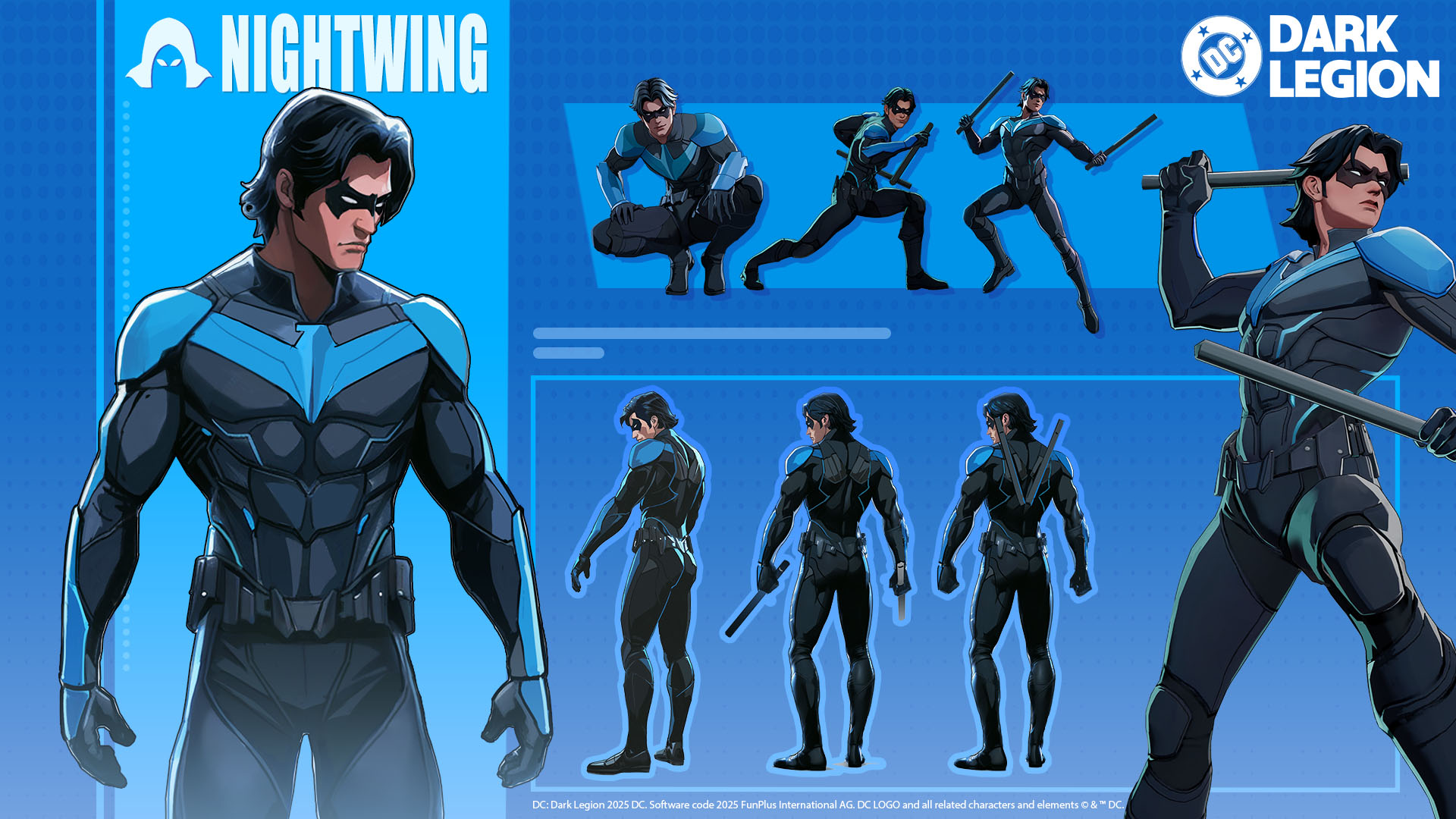 dick grayson, nightwing, batman (series), dc comics, concept art, highres, official art, 1boy, black bodysuit, black hair, blue bodysuit, bodysuit, boots, character name, dc: dark legion, domino mask, escrima sticks, full body, gloves, grey bodysuit, male focus, mask, multiple views, muscular, muscular male, pectorals, reference sheet, simple background, standing, superhero costume, taut bodysuit, turnaround, two-tone bodysuit