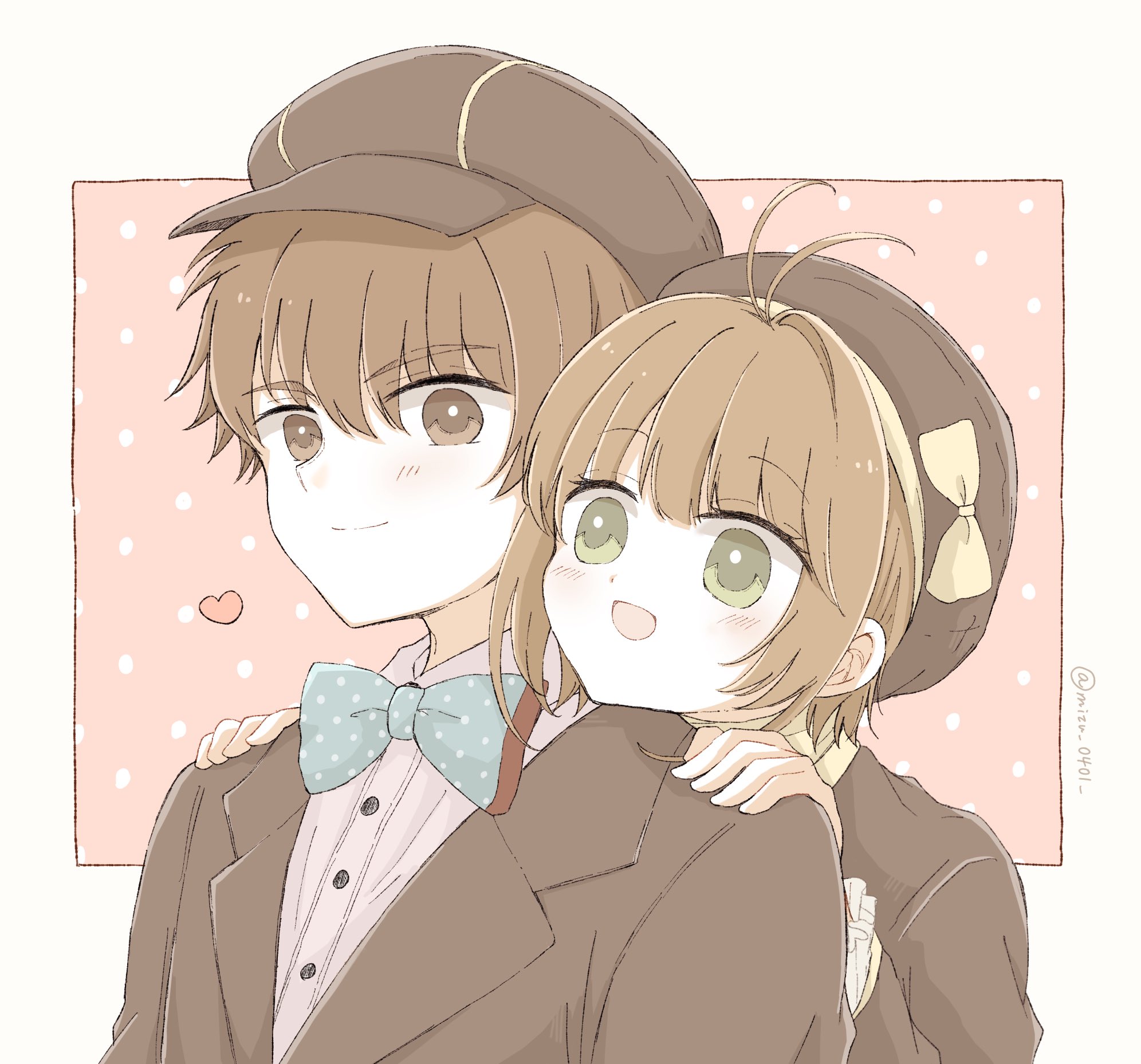 mizu 0401, kinomoto sakura, li syaoran, cardcaptor sakura, commentary, highres, symbol-only commentary, 1boy, 1girl, :d, antenna hair, blue bow, blue bowtie, border, bow, bowtie, brown eyes, brown hair, brown hat, brown jacket, closed mouth, green eyes, hair between eyes, hands on another's shoulders, hat, hat bow, heart, jacket, open mouth, outside border, pink background, polka dot, polka dot background, polka dot bow, polka dot bowtie, short hair, smile, twitter username, upper body, white border, yellow bow