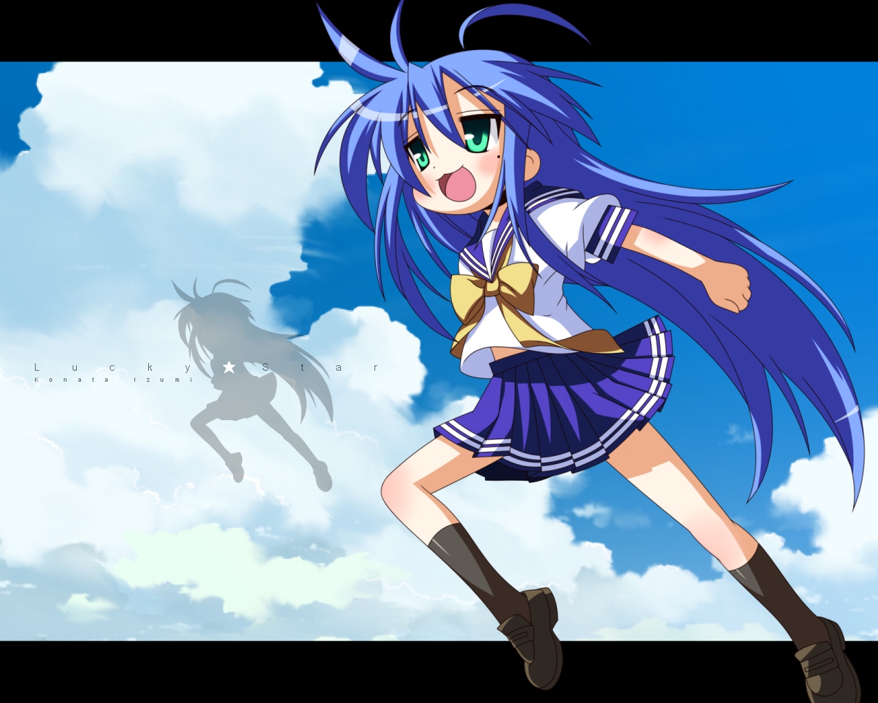 rindou (awoshakushi), izumi konata, lucky star, toki wo kakeru shoujo, 1girl, female focus, mole, mole under eye, parody, school uniform, serafuku, solo