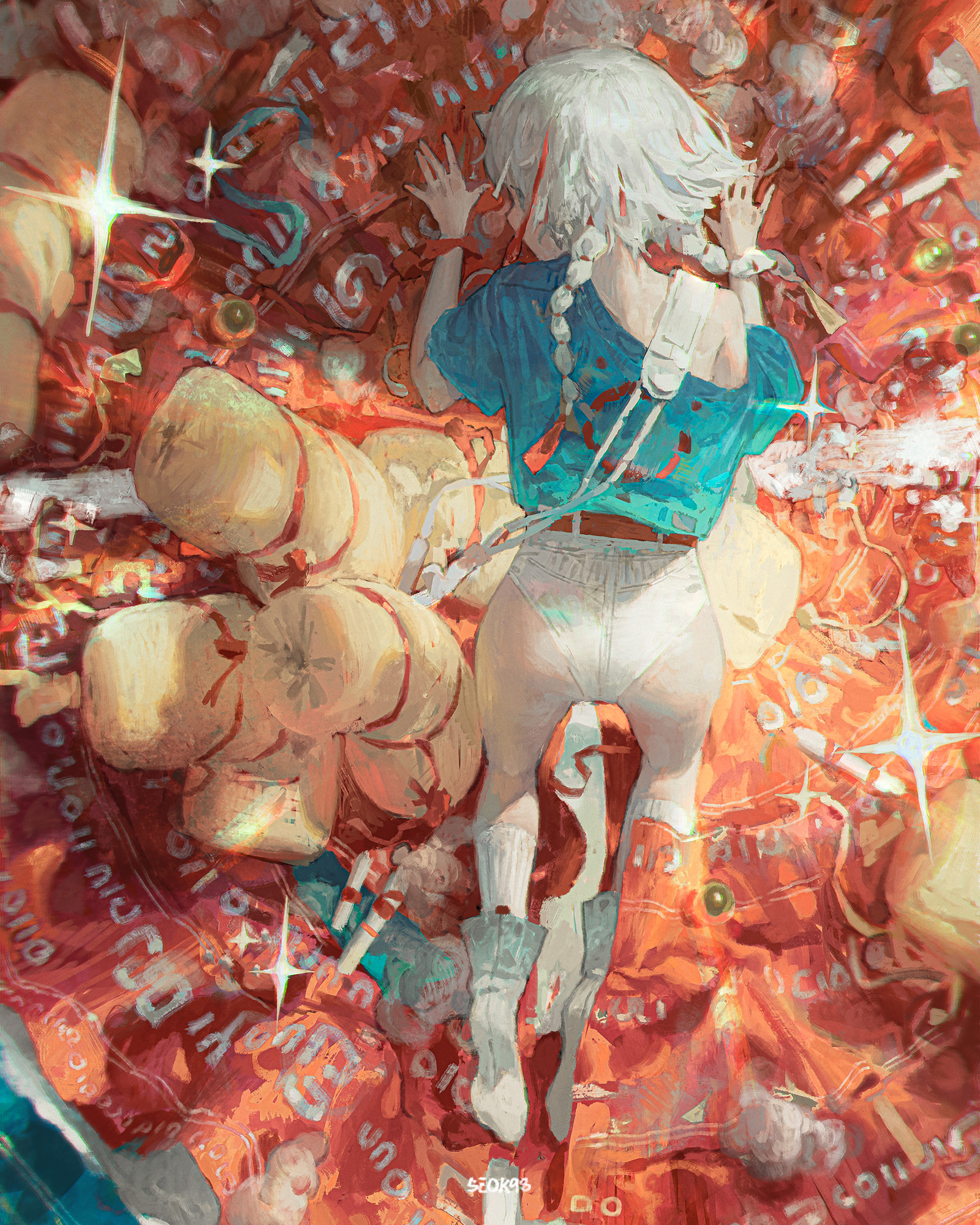 seok98, original, commentary, english commentary, highres, 1girl, artist name, ass, blue eyes, from above, horns, long hair, low twintails, oni, shorts, single off shoulder, sleeping, solo, twintails, white hair, white shorts