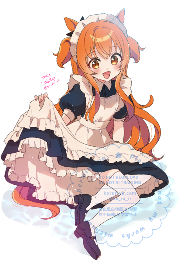 koruri, mayano top gun (umamusume), umamusume, 1girl, animal ears, apron, bow, ear bow, ear ornament, hair between eyes, horse ears, horse girl, long hair, long sleeves, looking at viewer, maid, maid apron, maid headdress, open mouth, orange eyes, orange hair, smile