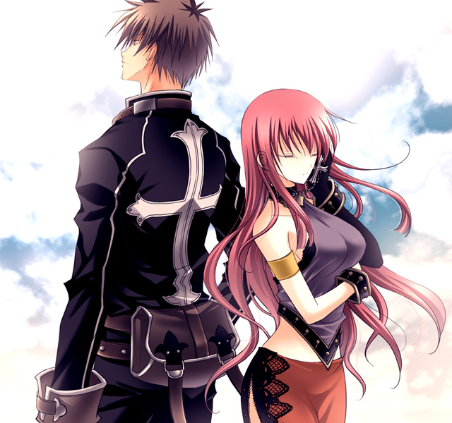 vanilla (artist), vanilla (nicolla), karin koenig, yuri hyuga, shadow hearts, shadow hearts ii, 1boy, 1girl, armlet, back-to-back, breasts, brown hair, closed eyes, cowboy shot, cuffs, hip focus, jewelry, large breasts, long sleeves, pants, pink hair, shackles, simple background, standing, white background