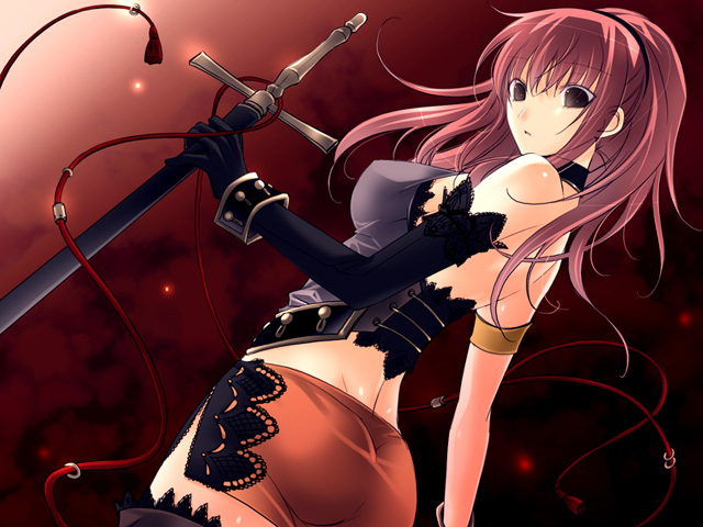 vanilla (artist), vanilla (nicolla), karin koenig, shadow hearts, shadow hearts ii, 1girl, brown eyes, female focus, pink hair, solo, sword, thighhighs, weapon