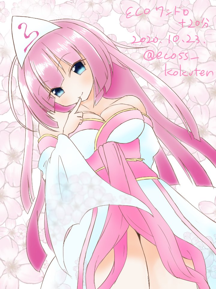 emil chronicle online, blue eyes, breasts, cleavage, dated, ecoss kokuten, finger to mouth, hair ornament, japanese clothes, kimono, large breasts, long hair, pink hair, pink sash, sash, thighs, towa (emil chronicle online), twitter username, undressing, white kimono