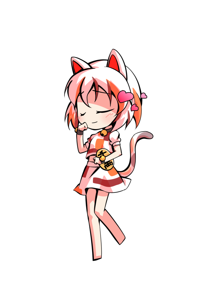 dairi, goutokuji mike, touhou, commentary request, large variant set, variant set, 1girl, animal ears, barefoot, bell, cat ears, cat girl, cat tail, chibi, chibi only, coin, full body, gold, jingle bell, koban (gold), multicolored hair, multicolored shirt, multicolored skirt, neck bell, shirt, short hair, short sleeves, skirt, skirt set, solo, standing, standing on one leg, streaked hair, tachi-e, tail, transparent background, white hair, white shirt