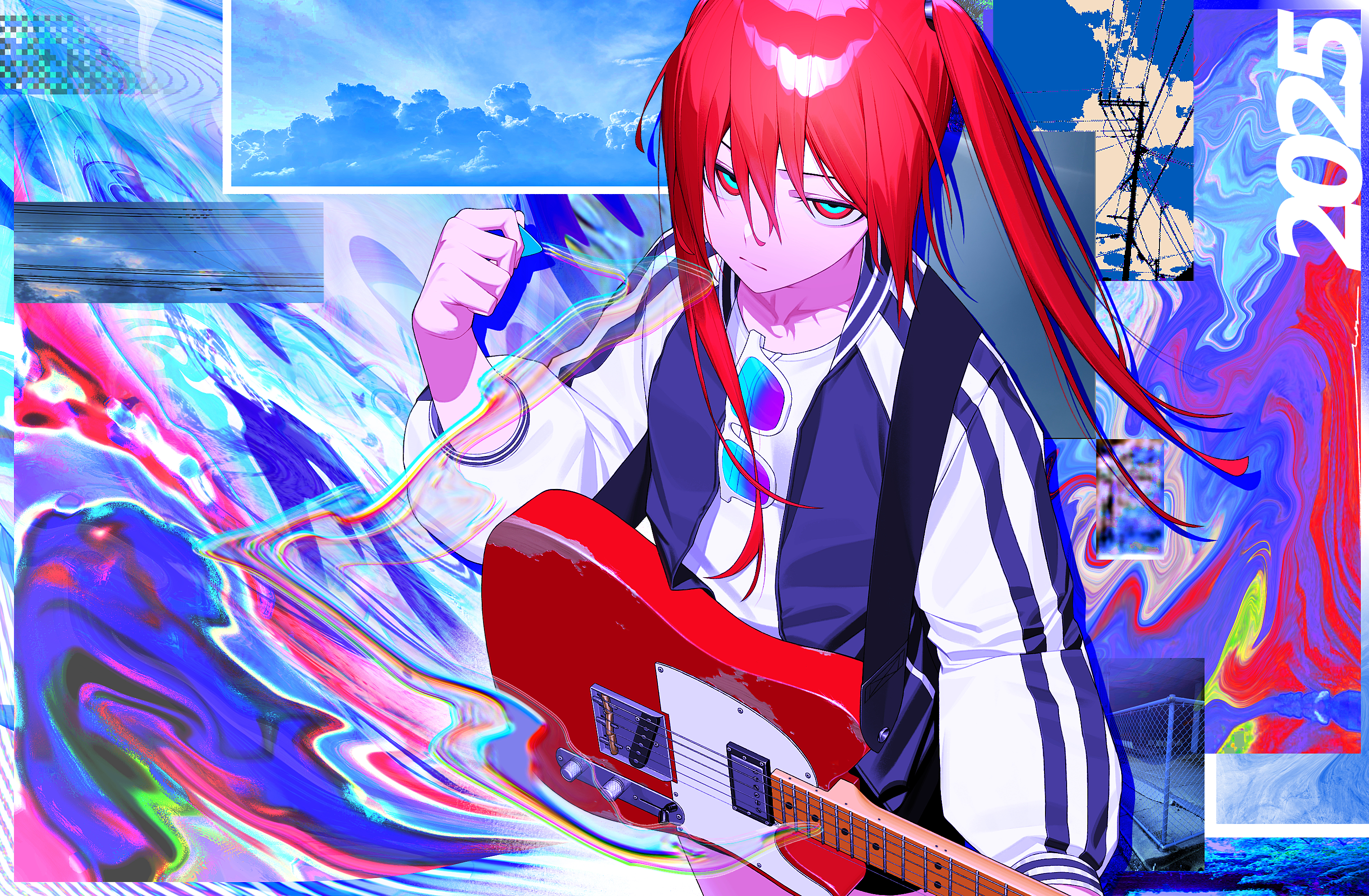 signal 1120, original, commentary, commission, english commentary, highres, skeb commission, 1girl, 2025, electric guitar, guitar, holding, holding guitar, holding instrument, instrument, long hair, red hair, solo, unworn eyewear