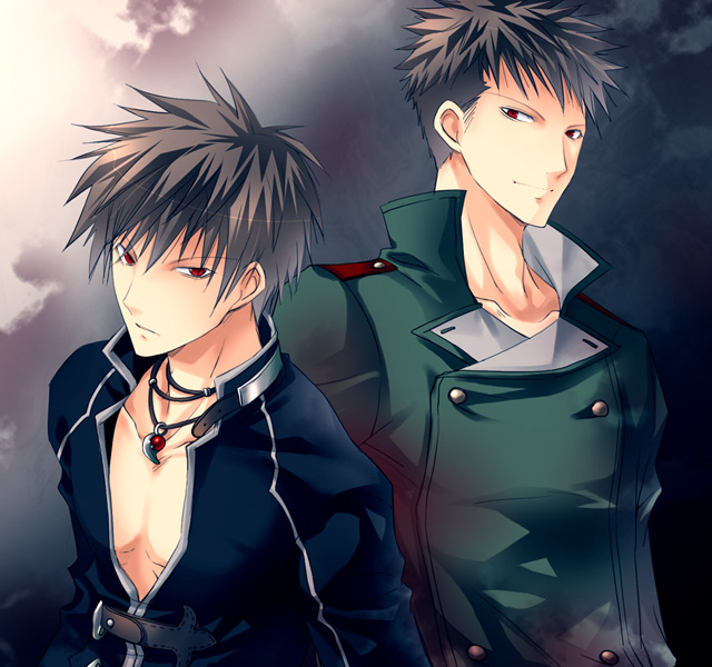 vanilla (artist), vanilla (nicolla), ben hyuga, yuri hyuga, shadow hearts, shadow hearts ii, 2boys, belt, black hair, buttons, closed mouth, coat, collarbone, double-breasted, jewelry, light frown, light smile, long sleeves, looking at viewer, magatama, male focus, multiple boys, necklace, pendant, red eyes, upper body