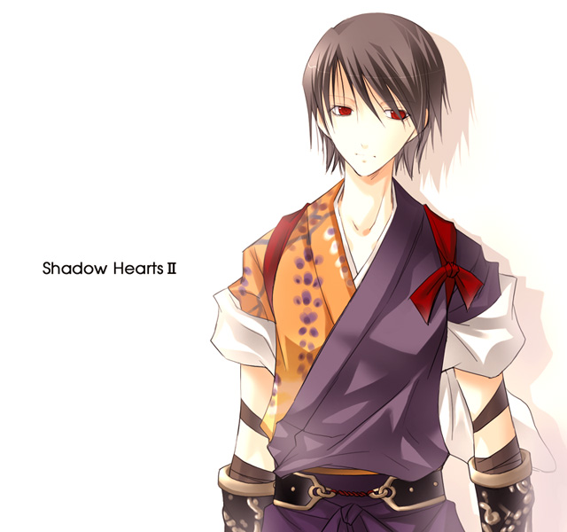 vanilla (artist), vanilla (nicolla), inugami kurando, shadow hearts, shadow hearts ii, 1boy, bandages, belt, black hair, grey hair, japanese clothes, male focus, red eyes, shadow, short hair, simple background, solo