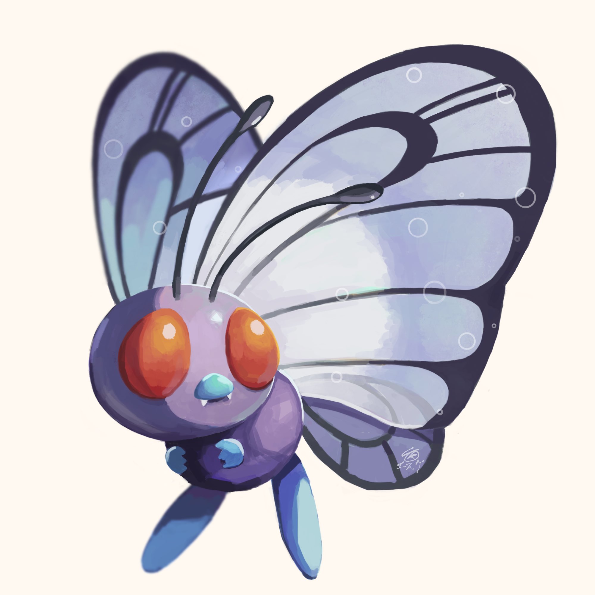 esuke coil, butterfree, nintendo, pokemon, highres, animal focus, bug, butterfly, fangs, full body, gen 1 pokemon, insect, insect wings, no humans, pokemon (creature), pokemon focus, red eyes, simple background, solo, wings