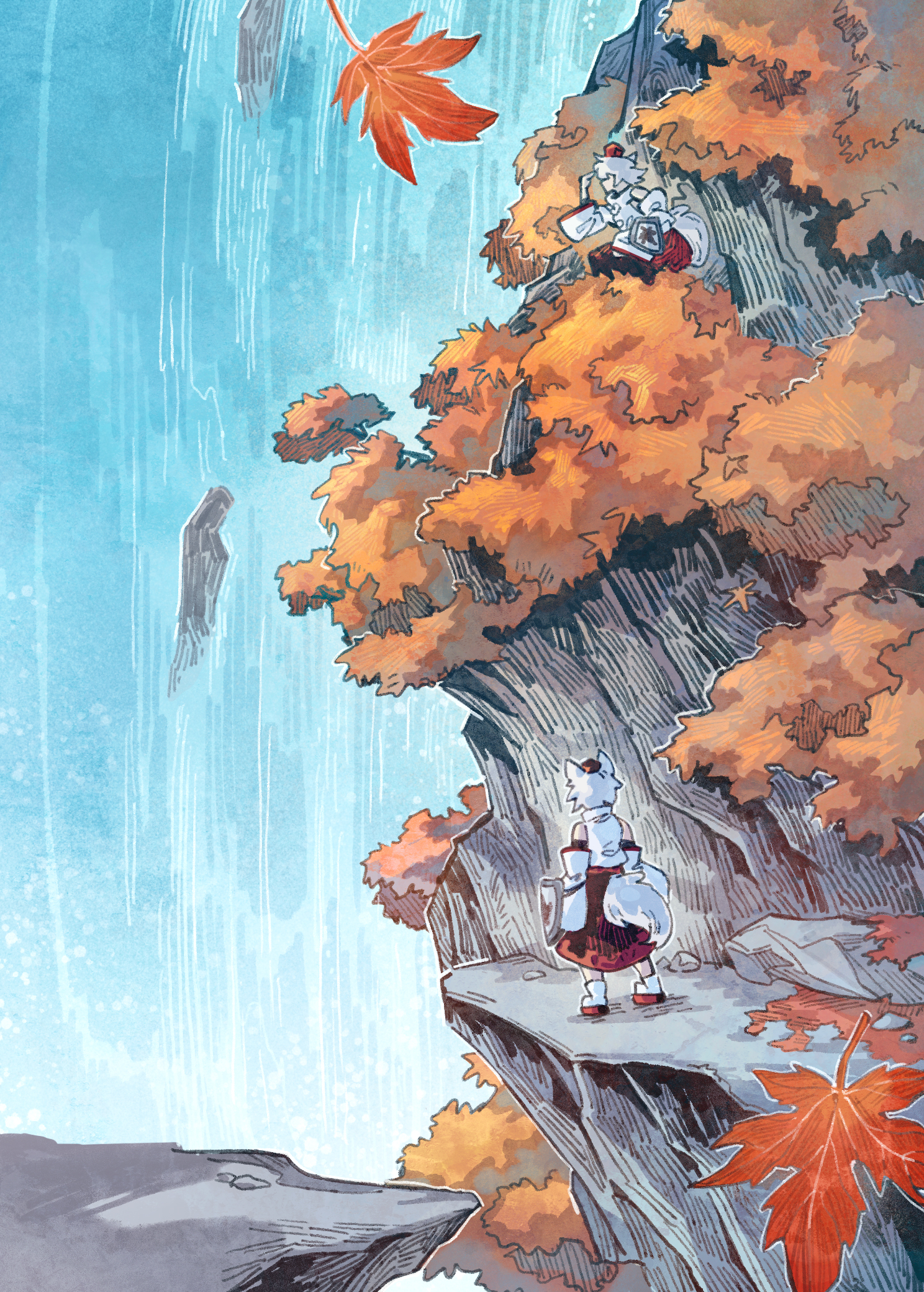 shishui guima, inubashiri momiji, touhou, highres, 2girls, autumn leaves, black skirt, detached sleeves, hat, leaf, multiple girls, outdoors, scenery, shield, shirt, skirt, tail, tokin hat, water, waterfall, white hair, white shirt, wolf tail