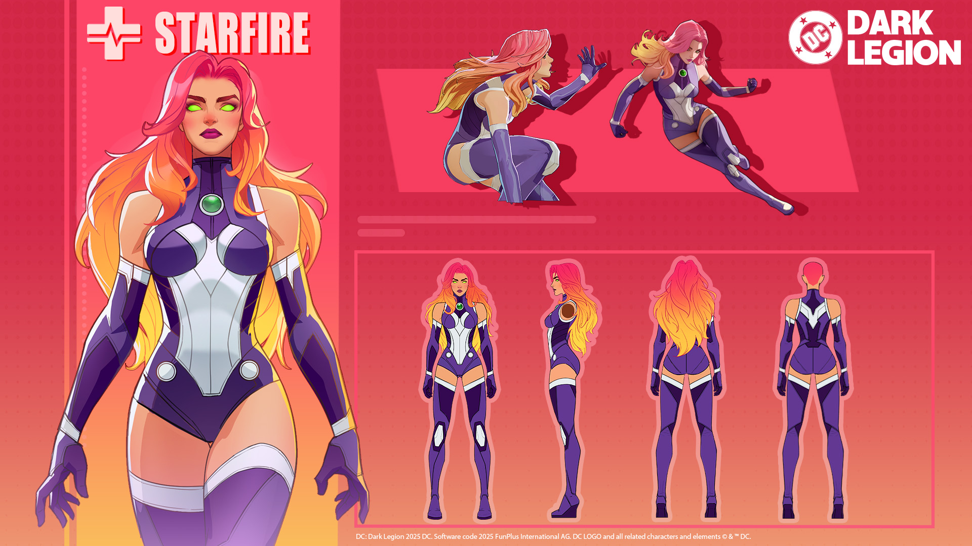 starfire, dc comics, concept art, highres, official art, 1girl, boots, breasts, character name, character profile, colored sclera, colored skin, dc: dark legion, full body, gloves, green eyes, green sclera, long hair, looking at viewer, multiple views, navel, orange skin, purple boots, red hair, reference sheet, simple background, standing, superhero costume, tamaranean, thighhighs, turnaround