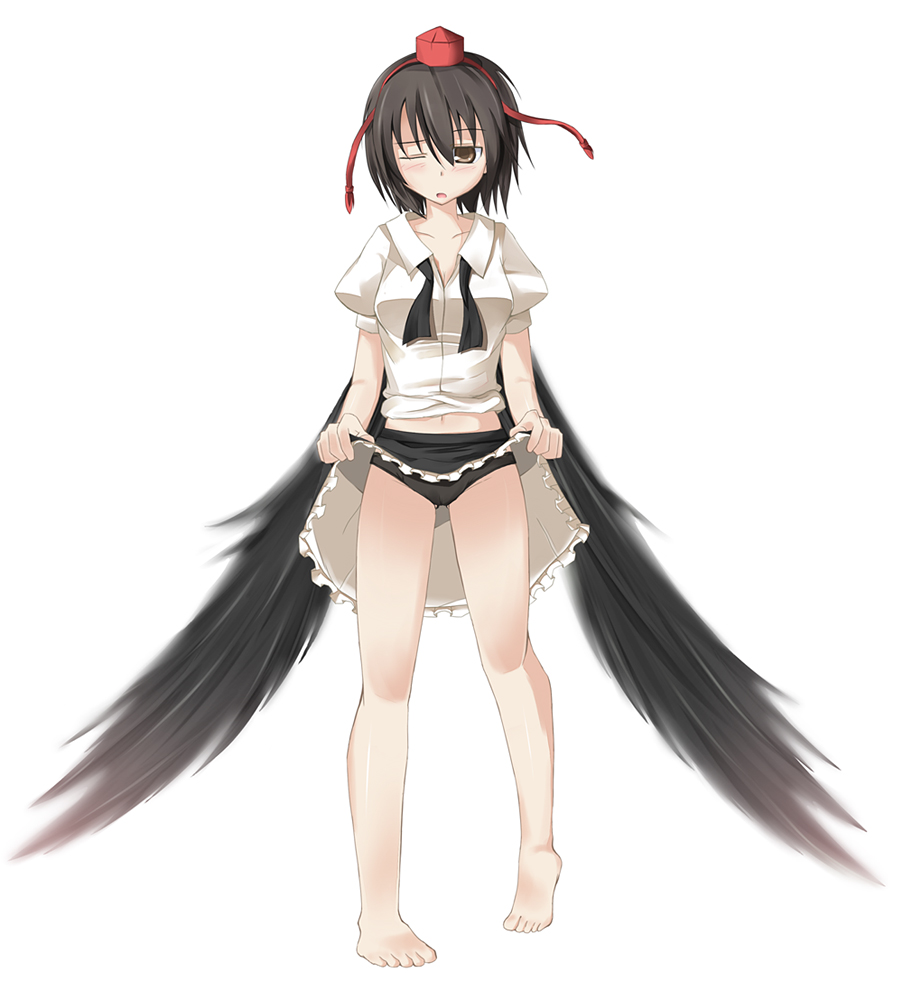 nekomushi, shameimaru aya, touhou, 1girl, bad anatomy, bad feet, barefoot, black hair, black panties, black wings, blush, embarrassed, feet, female focus, hat, looking down, one eye closed, panties, poorly drawn, ribbon, short hair, skirt, solo, underwear, wings, wink